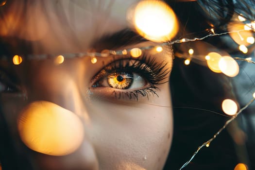 A close-up view of a womans face illuminated by surrounding lights, creating a visually striking effect.