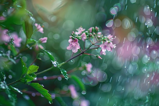 A close-up view of a pink flower covered in raindrops, glistening under the sunlight. The delicate petals hold droplets of water, enhancing the flowers beauty and freshness.