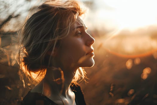 A woman is standing in a field, her hair blowing in the wind. The vast expanse of the field surrounds her as she stands gracefully under the open sky.