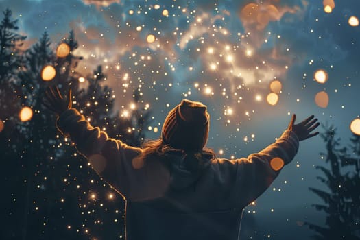 A person stands in front of a vast sky filled with twinkling stars, gazing upwards at the cosmic display above. The individual is silhouetted against the dark backdrop of the night sky.
