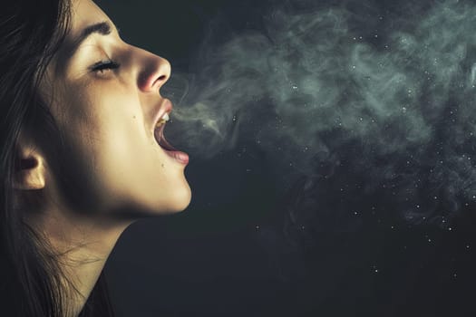 A woman with her mouth open, exhaling smoke. The smoke is visibly coming out of her mouth, creating a dynamic and striking visual effect.