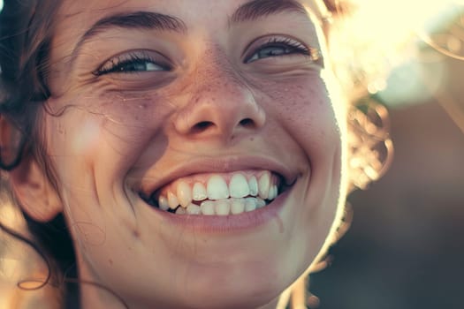 Close-up of a woman smiling while brushing her teeth with a toothbrush in her mouth. The womans facial features are visible, emphasizing her cheerful expression and dental hygiene routine.