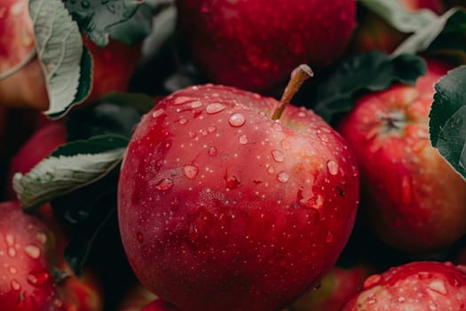 A collection of vibrant red apples stacked in a pile, showcasing water droplets glistening on their shiny skin.