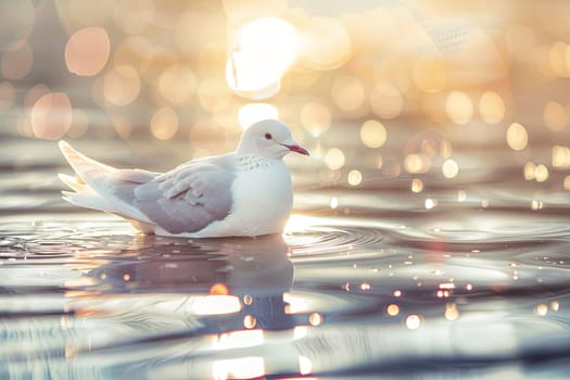 A white bird glides effortlessly on the surface of a vast body of water. The bird appears calm and graceful, floating with ease and elegance.