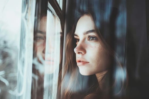 A woman is seen looking out of the window of a moving train, her gaze fixed on the passing scenery. She appears contemplative as she watches buildings, fields, and trees rush by.