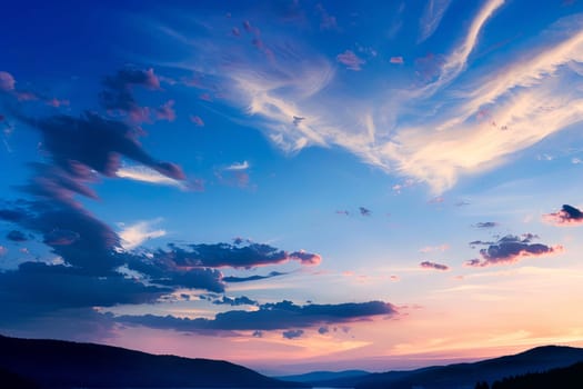 The sun is setting in the sky, casting a warm orange glow over a peaceful lake. Wispy clouds drift lazily in the sky, reflecting the changing colors of the sunset. The combination of water, sky, and clouds creates a serene and beautiful scene.