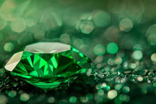 A vibrant green diamond is placed prominently on top of a wooden table, showcasing its elegance and brilliance under the light. The table surface reflects the diamonds color, creating a striking visual contrast.