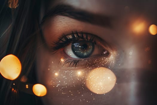 In this close-up shot, a persons eye fills the frame, with intricate details of the iris and eyelashes visible. The background is filled with blurry lights, adding a sense of mystery and depth to the image.
