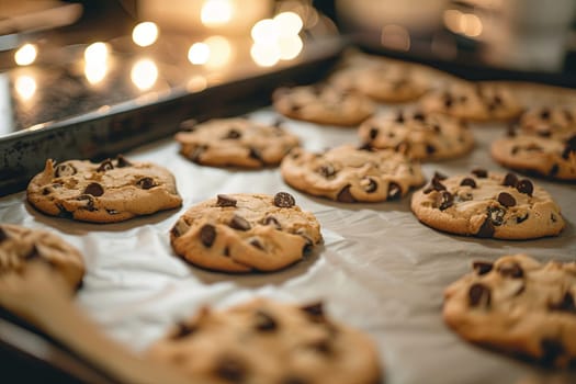 Homemade chocolate chip cookies are cooling on a baking sheet. The golden-brown cookies are dotted with melted chocolate chips, giving off a tempting aroma.