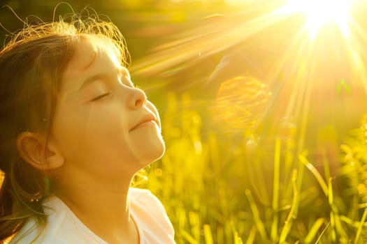 A young female child is standing in a field of green grass. She appears to be exploring or playing in the outdoors.