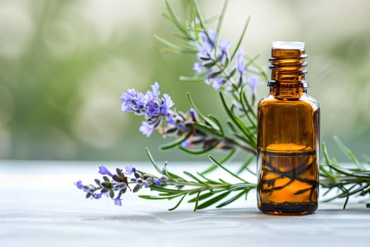 A bottle of essential oils sits next to a bunch of blooming lavender flowers, showcasing natural aromatherapy. The vibrant purple petals contrast with the sleek glass bottle, evoking a sense of relaxation and wellness.