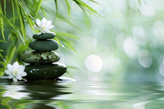 A stack of rocks balanced on top of a body of water. The rocks appear to defy gravity as they stand tall against the backdrop of the water.