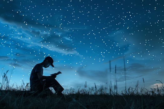 A person sits in a field under a dark night sky, illuminated by stars and the faint glow of the moon. The individual appears relaxed and contemplative, surrounded by the vastness of nature.