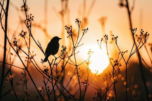 A bird is perched on a tree branch, silhouetted against the vibrant hues of a sunset sky.