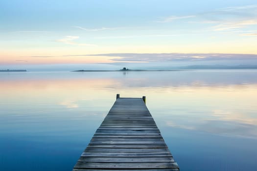 A wooden dock stretches outwards into a calm body of water, reflecting the sky above. The weathered planks of the dock lead the eye towards the horizon.