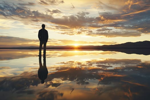 A man is standing by a body of water, the sun setting in the background, casting a warm glow over the scene. The man appears contemplative as he gazes out at the water.