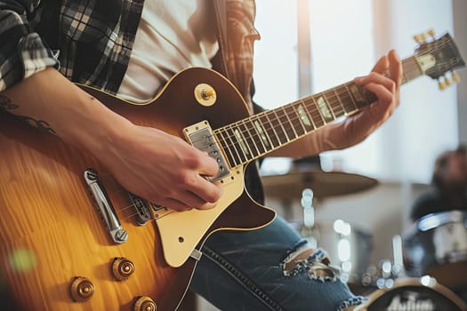 An individual is seated in a room strumming a guitar. The person appears focused as they play the musical instrument, creating melodies in the confined space.