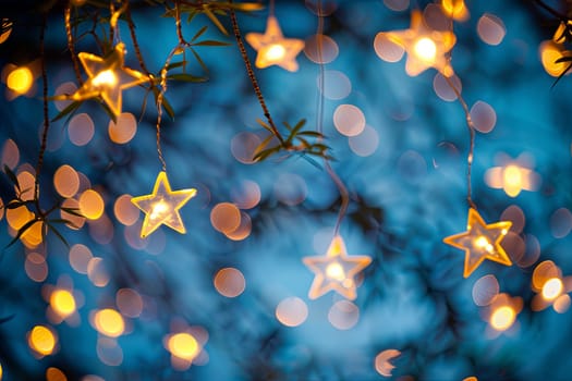 Numerous small star-shaped decorations are suspended from the branches of a tree, creating a festive and whimsical display. The stars vary in size and color, adding a touch of charm to the trees canopy.