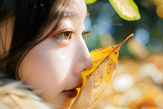 A young girl is shown in the image, holding a leaf in her mouth. She appears to be playfully experimenting with the leaf, exploring its taste or texture.