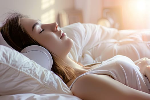 A woman is lying in bed with headphones covering her ears. She appears relaxed and immersed in whatever she is listening to.