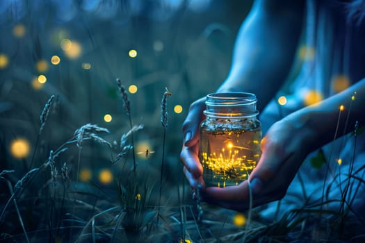 An individual holding a glass jar, containing numerous glowing fireflies inside. The person appears to be admiring the natural flickering light emitted by the fireflies trapped in the jar.