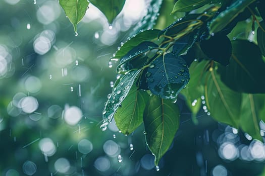 A close-up view of a tree branch covered in transparent water droplets, glimmering under the sunlight. The branch is part of a larger tree, showcasing the aftermath of a recent rainfall.