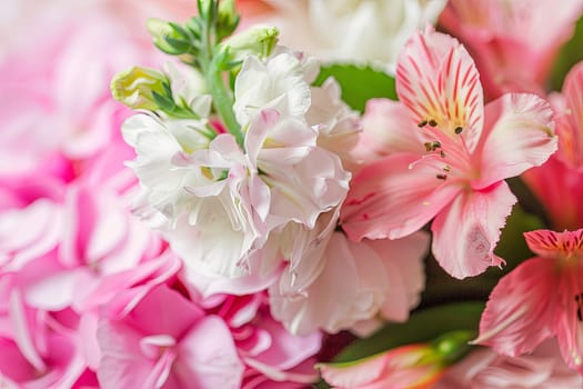 A beautiful bouquet of pink and white flowers arranged in a vase, showcasing the delicate petals and vibrant colors. The pink and white blooms create a stunning display of natures beauty.