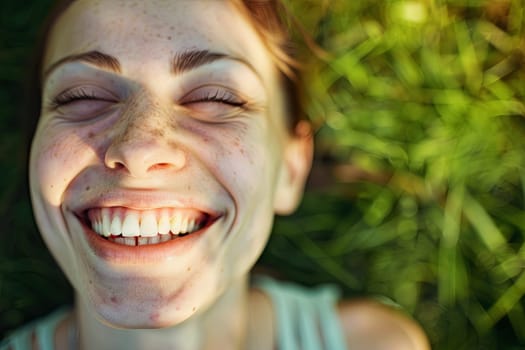 A young woman with her eyes closed is smiling warmly. Her facial expression exudes joy and contentment. The womans eyes are shut, emphasizing her happiness.