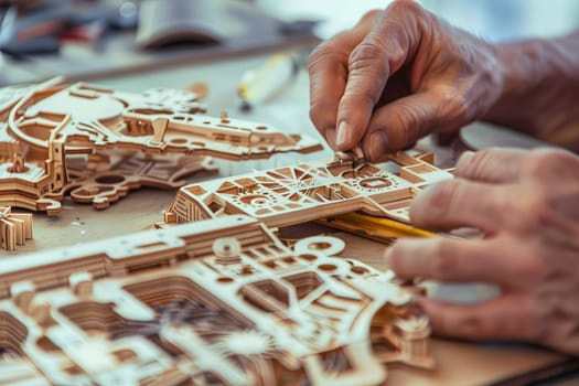 Two hands are diligently constructing a model of a city, focusing on intricate details and precise placement of buildings, roads, and landmarks. The hands are carefully shaping the cityscape, showcasing a meticulous process of urban planning and design.