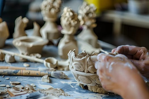 A person is sculpting clay on a table, using their hands to shape and mold the material into various forms. The table is covered with tools and different stages of sculptures in progress.