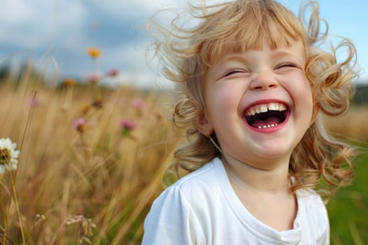 A young girl with curly hair is laughing joyfully as she runs through a vibrant field of colorful flowers on a sunny day. She is surrounded by a sea of blooms, their petals swaying in the gentle breeze.