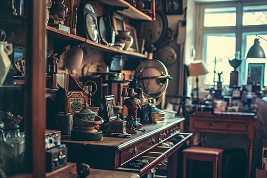 The room is filled with a vast variety of items, ranging from furniture to electronics, books, toys, and decor. There are shelves packed with items, tables covered with knick-knacks, and the floor cluttered with assorted objects.
