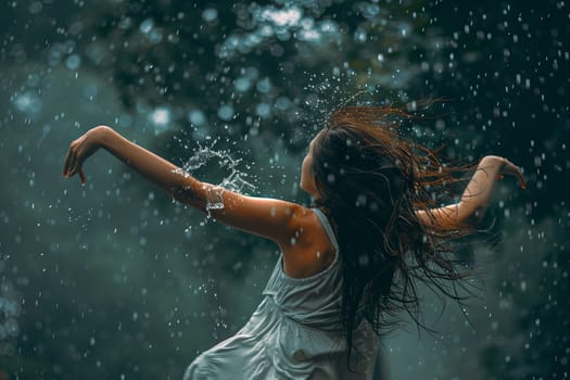 A woman wearing a white dress is dancing energetically in the rain. Her dress is soaked and swaying as she moves with joy and freedom in the downpour.
