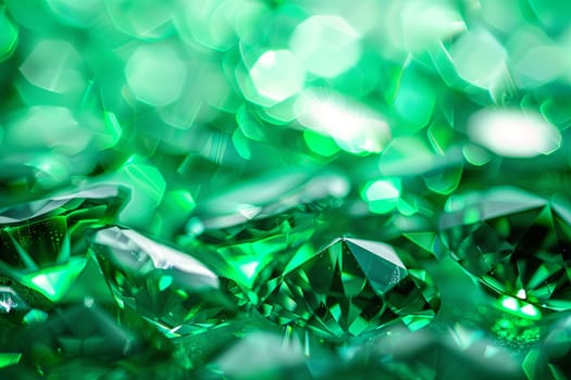 This close-up shot showcases numerous shiny green diamonds, each reflecting light and creating a mesmerizing display of brilliance and color. The diamonds are intricately cut and arranged in a visually striking pattern.