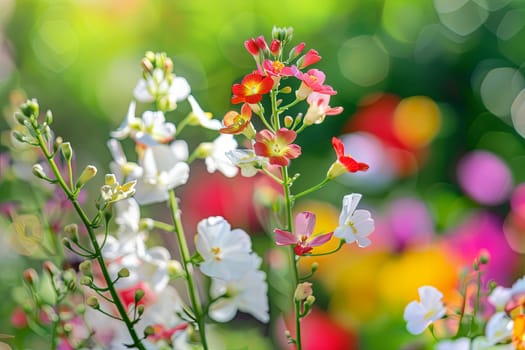 A cluster of various flowers scattered across the lush green grass, with petals vibrant and leaves gently swaying in the breeze under the bright sunlight.