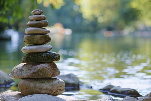 A stack of rocks precariously balanced on the edge of a rushing river. The rocks appear to defy gravity as they sit atop one another, against the backdrop of the flowing water.