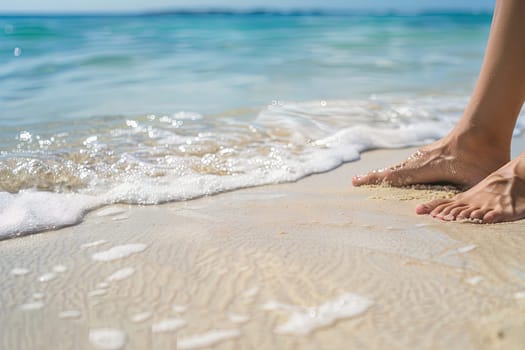 This close-up shot captures a persons bare feet standing on the sandy beach, with waves gently lapping at the shore. The toes are slightly buried in the sand, creating a sense of relaxation and connection to nature.