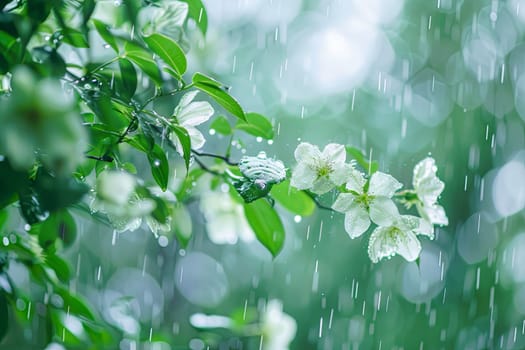 A tree branch adorned with delicate white flowers glistens in the rain. The droplets of water cling to the petals, creating a mesmerizing sight of nature in motion.