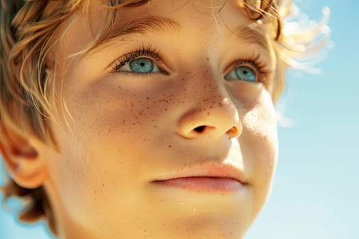 A tight shot captures the features of a childs face, showcasing their piercing blue eyes. The childs expression is neutral, with no visible teeth or smile, allowing focus on their eyes as they gaze directly at the camera.