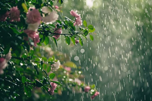 A tree with delicate pink flowers stands in the rain, its petals glistening with water droplets. The rain falls softly around it, enhancing the beauty of the blooms.