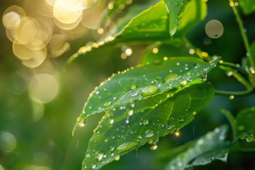 A close-up view of a vibrant green leaf covered in sparkling water droplets, highlighting the intricate patterns and textures of nature. The droplets glisten under the sunlight, creating a refreshing and rejuvenating visual display.