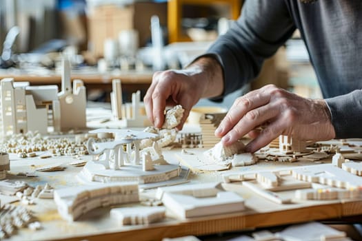 A man is meticulously constructing a detailed model of a city, focusing intently on tiny buildings, roads, and other urban features. He uses various tools and materials to bring the miniature city to life.