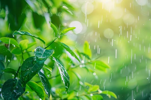 A close-up view of a green leafy tree enduring a rain shower. The individual raindrops can be seen falling on the leaves, creating a shimmering effect. The tree appears vibrant and refreshed as it soaks up the water.