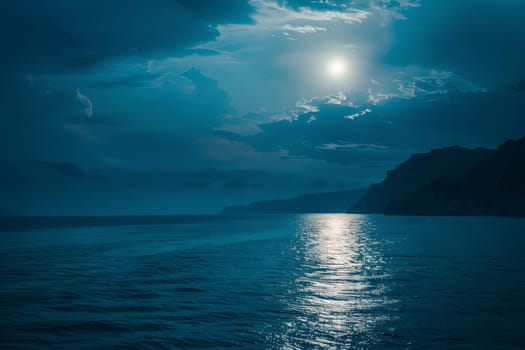 The full moon shines brightly in the night sky, casting a luminous glow over the vast expanse of the ocean below. The reflection of the moonlight dances on the waters surface, creating a mesmerizing scene.
