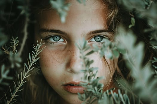 A young woman with striking blue eyes is crouched down behind a bush, partially concealed by the foliage. She appears to be peering out cautiously, her expression tense and alert.