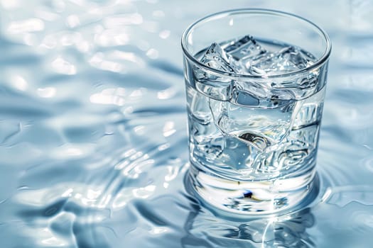 A clear glass filled with water and several ice cubes floating inside. The cold ice slowly melting and chilling the water, creating condensation on the outer surface of the glass.