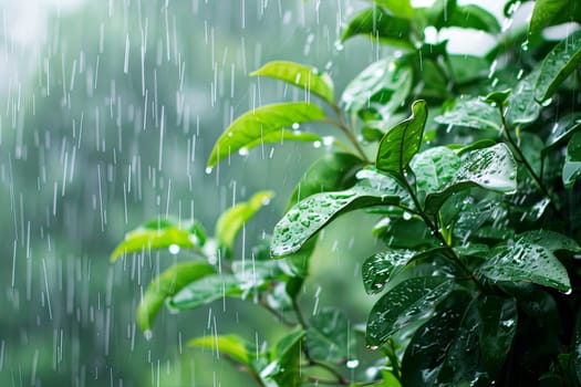 This close-up view captures a green plant covered in glistening water droplets. The intricate details of the plants leaves are enhanced by the presence of the droplets, reflecting light and adding a fresh, vibrant quality to the scene.