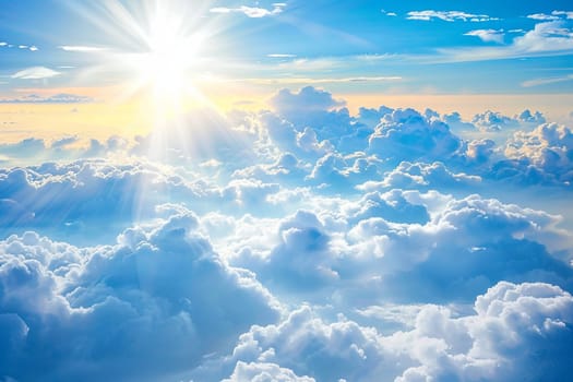 The sun is shining brightly above the thick layers of fluffy white clouds in the sky, creating a contrast of light and shadow. The rays of light penetrate through the clouds, illuminating the sky.