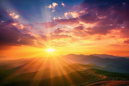 The sun is disappearing behind the rugged peaks of a mountain range, casting a warm orange glow across the landscape. The sky is painted with hues of pink and purple as darkness slowly envelops the land.