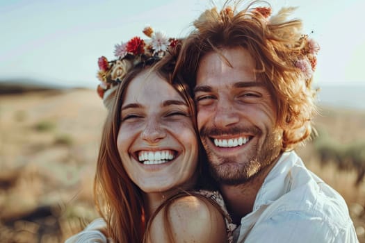 A man and a woman are standing together, smiling happily at the camera. They both have a relaxed and friendly expression, exuding warmth and joy in the moment.